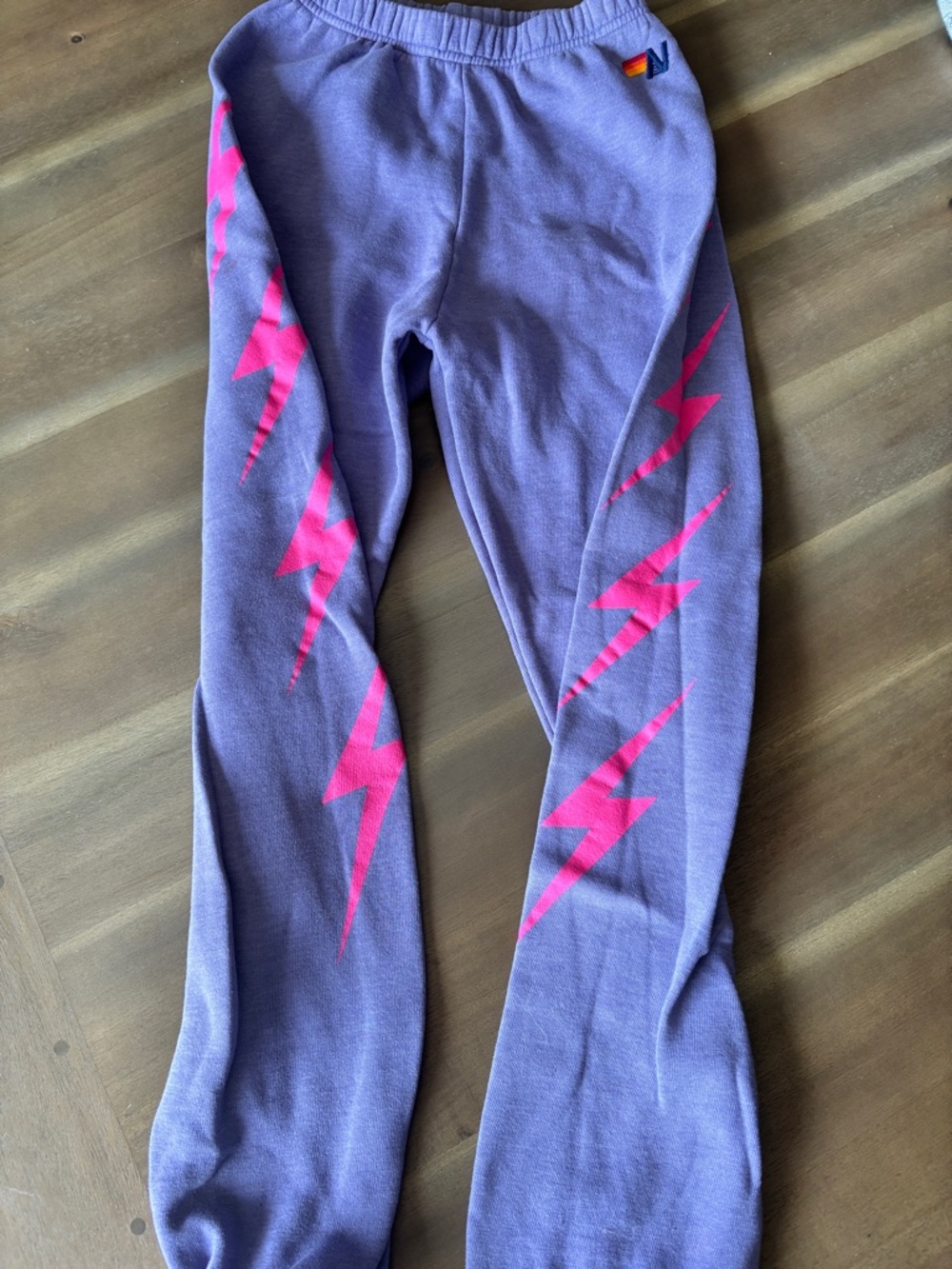 Aviator Nation Purple Sweatpants with Hot Pink Lightning Bolts